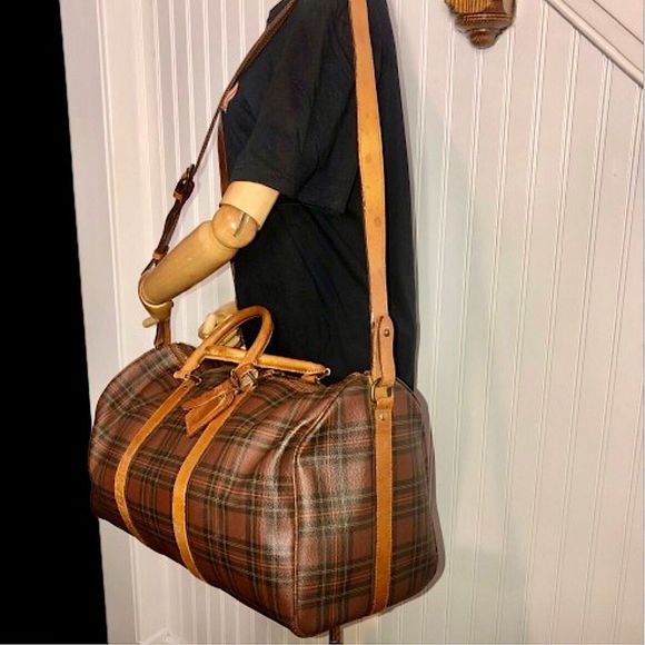 W RALPH LAUREN Brown Green Tartan Plaid Boston Weekend Travel Duffle Bag Speedy - Picture 7 of 15